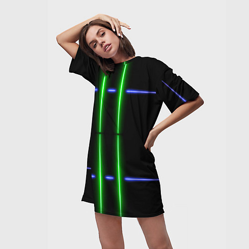 Женская длинная футболка Neon black light blue green line / 3D-принт – фото 3