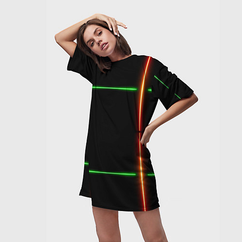 Женская длинная футболка Color black green orange lines / 3D-принт – фото 3