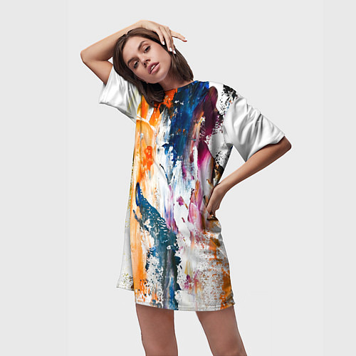 Женская длинная футболка Разноцветные мазки кисти на палитре художника / 3D-принт – фото 3