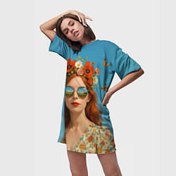 Футболка женская длинная Девушка в очках, цвет: 3D-принт — фото 2