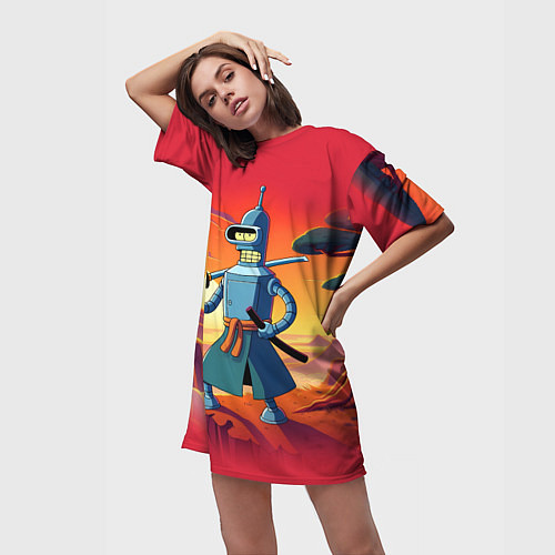 Женская длинная футболка Бендер ниндзя в Японском пейзаже / 3D-принт – фото 3