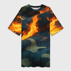 Футболка женская длинная Огонь на камуфляжной ткани, цвет: 3D-принт