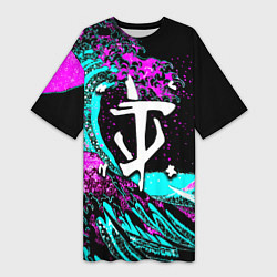 Футболка женская длинная Doom самураи неоновая волна, цвет: 3D-принт