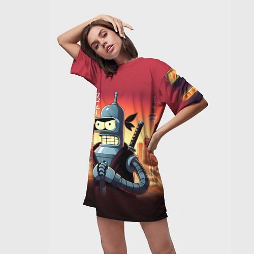 Женская длинная футболка Крутой ниндзя Бендер в ночном городе / 3D-принт – фото 3
