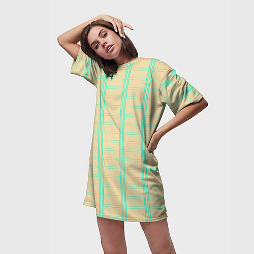 Женская длинная футболка Color beige cage blue stripes / 3D-принт – фото 3