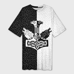 Футболка женская длинная Волки воины и знак молот тора в рунах, цвет: 3D-принт