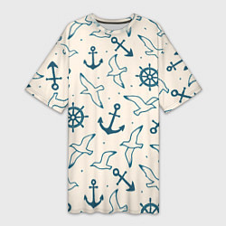 Футболка женская длинная Морской паттерн из штурвалов, чаек и якорей, цвет: 3D-принт