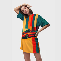 Футболка женская длинная Спорткар ретрофутуризм поп-арт 1970-е, цвет: 3D-принт — фото 2