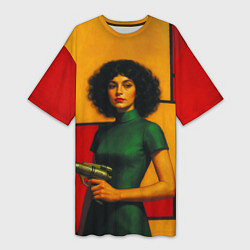 Футболка женская длинная Девушка с бластером ретрофутуризм поп-арт 1970-е, цвет: 3D-принт