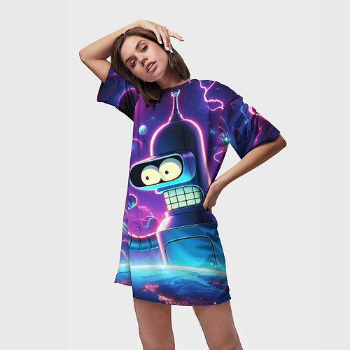 Женская длинная футболка Bender in neon space - cartoon Futurama / 3D-принт – фото 3
