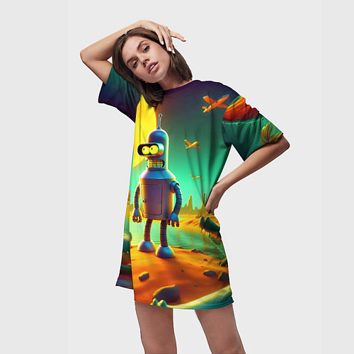 Женская длинная футболка Робот-сгибальщик Бендер на планете крокодилов / 3D-принт – фото 3