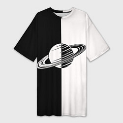 Футболка женская длинная Сатурн черно-белый, цвет: 3D-принт