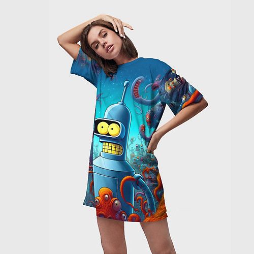 Женская длинная футболка Робот-сгибальщик Бендер среди монстров - нейроарт / 3D-принт – фото 3