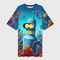 Футболка женская длинная Робот-сгибальщик Бендер среди монстров - нейроарт, цвет: 3D-принт