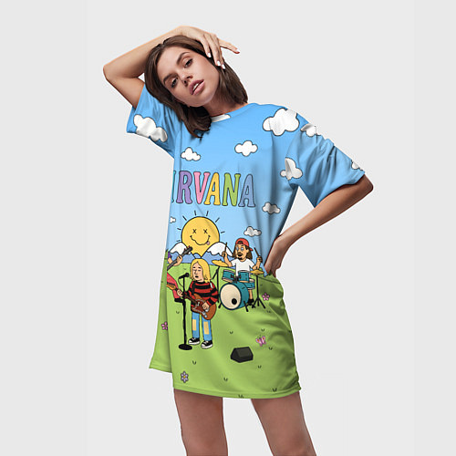 Женская длинная футболка Nirvana мультяшный стиль на поляне / 3D-принт – фото 3