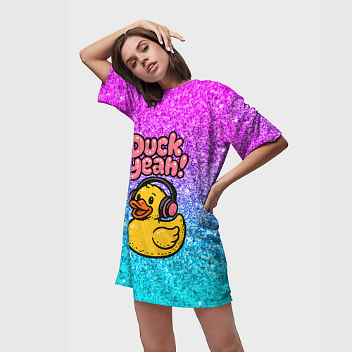 Женская длинная футболка Duck yeah - утка в наушниках / 3D-принт – фото 3