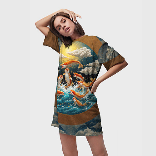Женская длинная футболка Большие золотистые рыбы выпрыгивают из воды / 3D-принт – фото 3