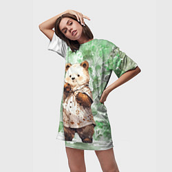 Футболка женская длинная Акварельный мишка, цвет: 3D-принт — фото 2