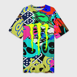 Футболка женская длинная Monster energy стикеры, цвет: 3D-принт