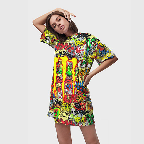 Женская длинная футболка Monster energy sticker grafity / 3D-принт – фото 3