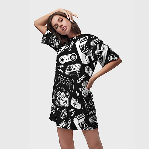 Женская длинная футболка Retro gamer pattern / 3D-принт – фото 3