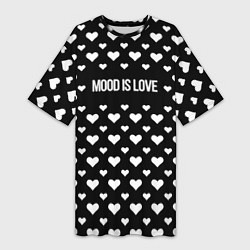 Футболка женская длинная Настроение любовь чёрный с сердечками, цвет: 3D-принт