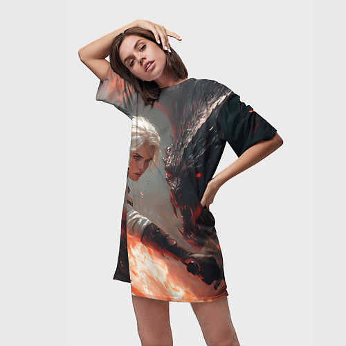 Женская длинная футболка Цири сражается с монстром / 3D-принт – фото 3