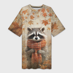 Футболка женская длинная Осенней енот в шарфе, цвет: 3D-принт