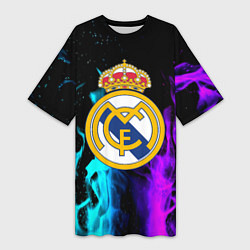 Футболка женская длинная Real Madrid неоновый огонь, цвет: 3D-принт