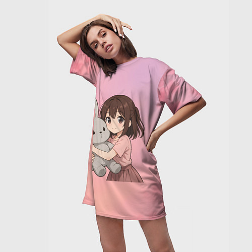 Женская длинная футболка Девочка обнимает зайцика в аниме / 3D-принт – фото 3
