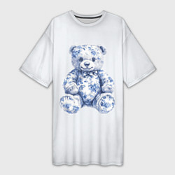 Футболка женская длинная Игрушечный мишка гжель, цвет: 3D-принт