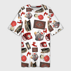 Футболка женская длинная Неваляшка утюг ретро авоська петушок телефон, цвет: 3D-принт