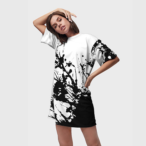 Женская длинная футболка Чёрная взрывная краска на белом / 3D-принт – фото 3