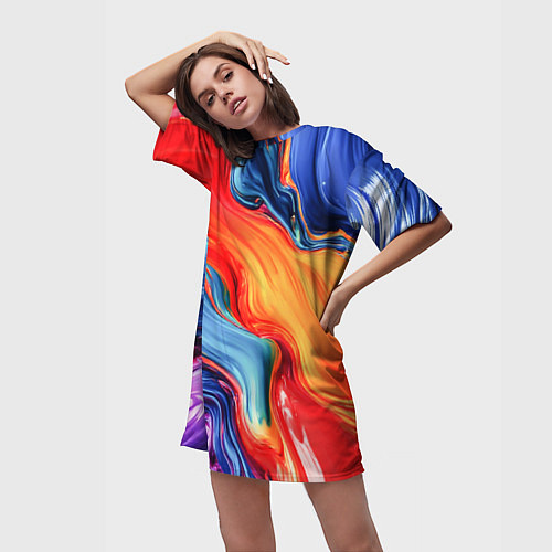Женская длинная футболка Красно-синие масляные краски смешение абстракция / 3D-принт – фото 3