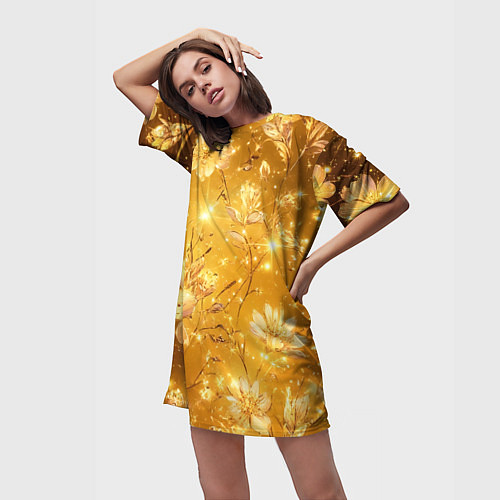 Женская длинная футболка Цветочный золотой с искрами / 3D-принт – фото 3