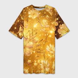Футболка женская длинная Цветочный золотой с искрами, цвет: 3D-принт
