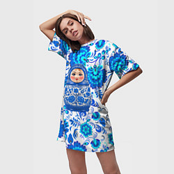 Футболка женская длинная Русская матрёшка в гжельских узорах, цвет: 3D-принт — фото 2