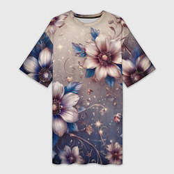 Футболка женская длинная Сине-бежевый дымчатый с цветами, цвет: 3D-принт