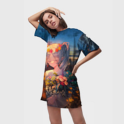 Футболка женская длинная Фрирен с цветами, цвет: 3D-принт — фото 2