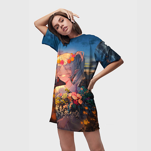 Женская длинная футболка Фрирен с цветами / 3D-принт – фото 3