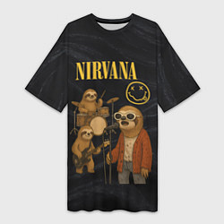 Футболка женская длинная Ленивцы группа Nirvana, цвет: 3D-принт