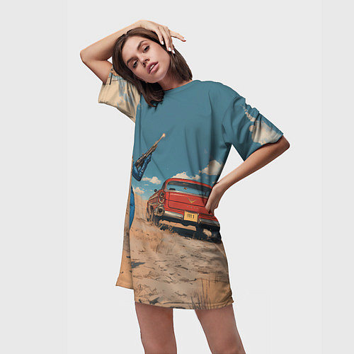 Женская длинная футболка Fallout девушка и старое авто / 3D-принт – фото 3