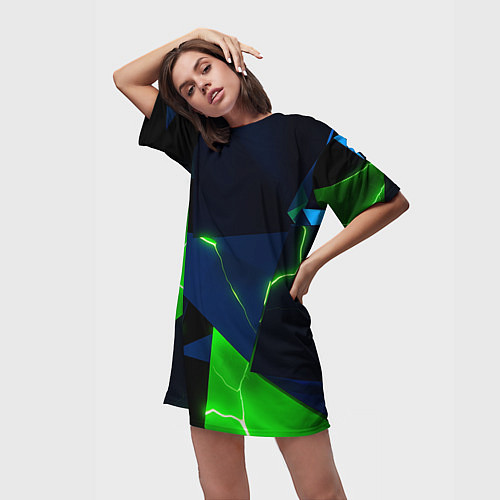 Женская длинная футболка Neon tile green / 3D-принт – фото 3
