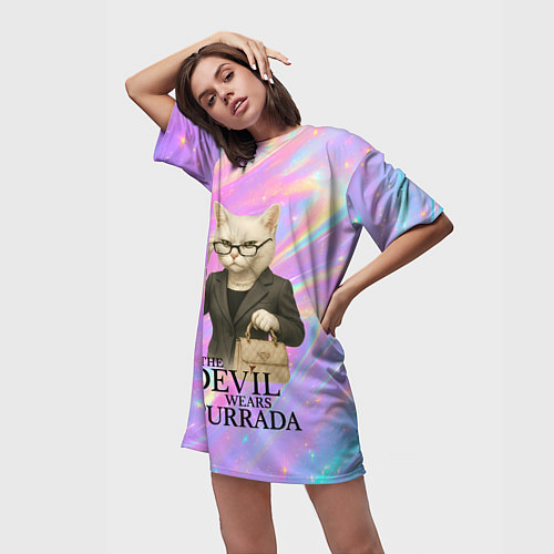 Женская длинная футболка Дьявол носит Пурада пародия с белой кошкой / 3D-принт – фото 3