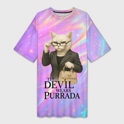 Футболка женская длинная Дьявол носит Пурада пародия с белой кошкой, цвет: 3D-принт