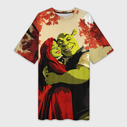 Футболка женская длинная Шрек и Фиона обнимаются в осеннем лесу, цвет: 3D-принт