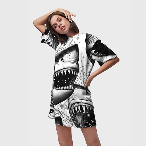 Женская длинная футболка Белая акула - стая / 3D-принт – фото 3