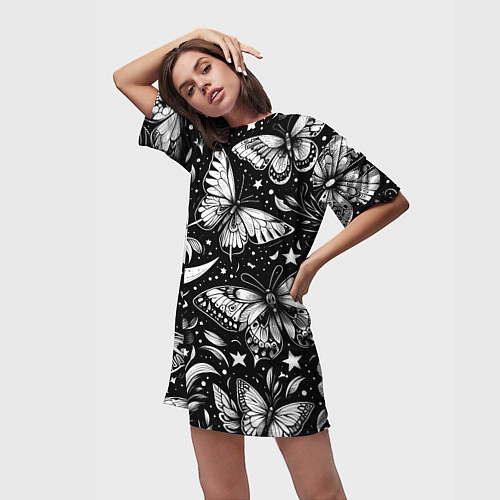 Женская длинная футболка Паттерн из бабочек цветов и луны - нейроарт / 3D-принт – фото 3
