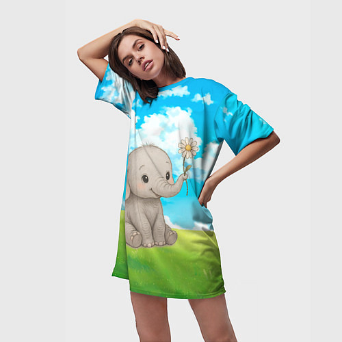 Женская длинная футболка Слоненок с цветочком / 3D-принт – фото 3