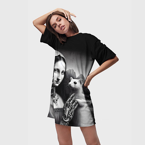 Женская длинная футболка Cecilia Gallerani - the lady with the ermine cyber / 3D-принт – фото 3